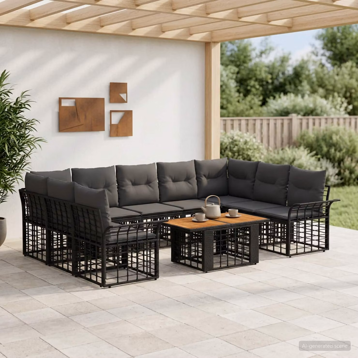 Set Divano da Giardino vidaXL 10 Pezzi Moderno in Polyrattan con Tavolino e Cuscini, Colore Nero e Grigio