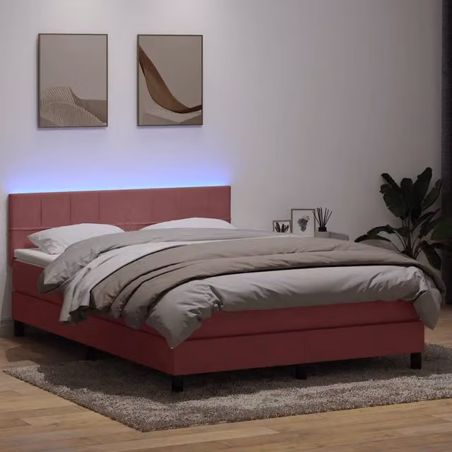 Letto a Molle con Materasso vidaXL in Velluto Rosa con Illuminazione LED e Porte USB L/P/H: 144 x 223 x 88 cm