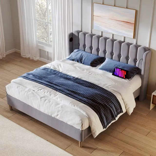 Letto matrimoniale imbottito 160x200 cm con testiera grigia; porte USB e Type-C; rivestimento in lino
