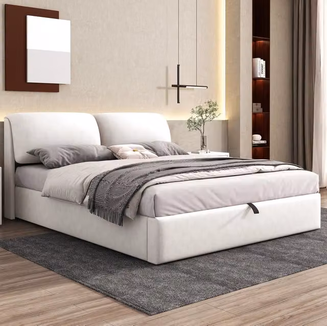Letto 180x200 cm con vano contenitore, 3 cassetti e rivestimento in velluto beige