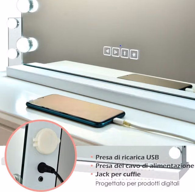 Specchio da trucco Hollywood con luci LED, 3 modalità colore, altoparlanti e porta USB, 25 x 10 x 48 cm, bianco