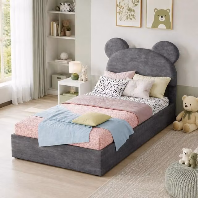 Letto singolo imbottito 90 × 200 cm con contenitore a gas testiera a forma di cartone grigio