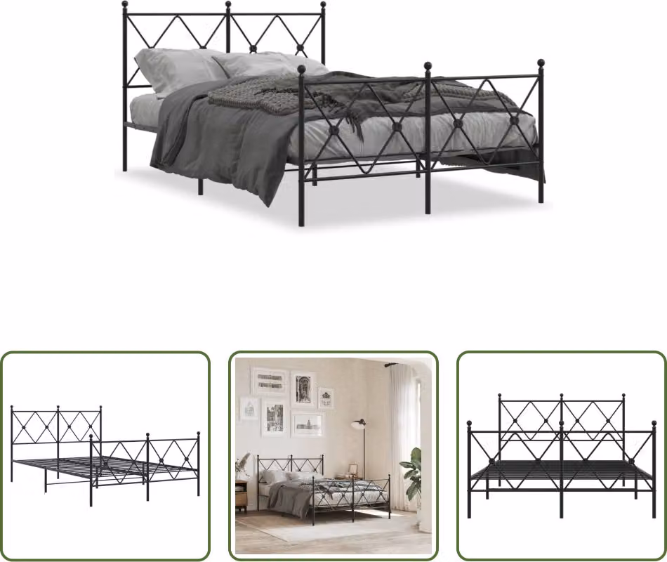 The Living Store Struttura letto con testiera e pediera in metallo nero 120x200 cm