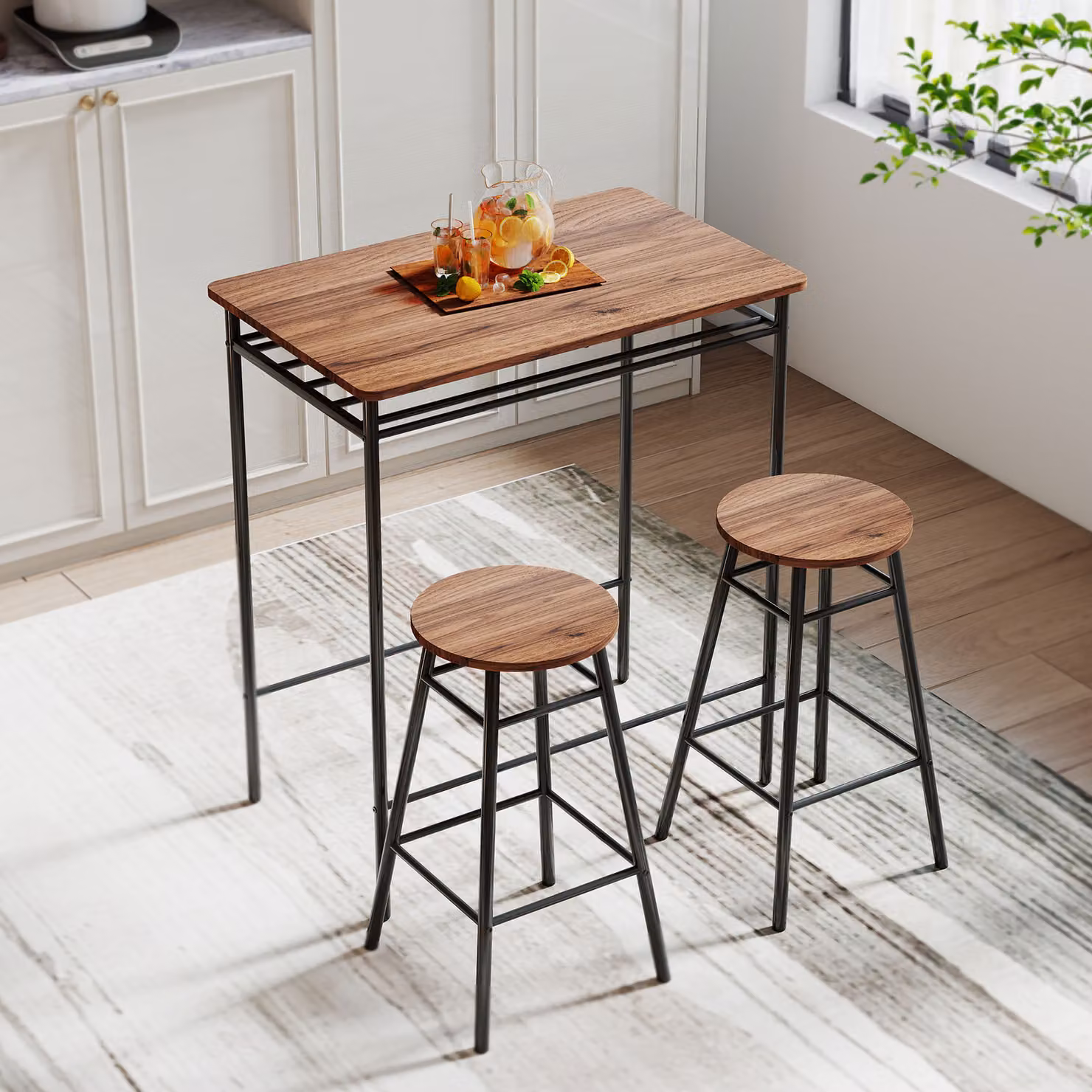 Set Tavolo Alto da Cucina con 2 Sgabelli HOMCOM in Stile Industrial con Scaffale Aperto e Poggiapiedi, Colore Marrone – 2