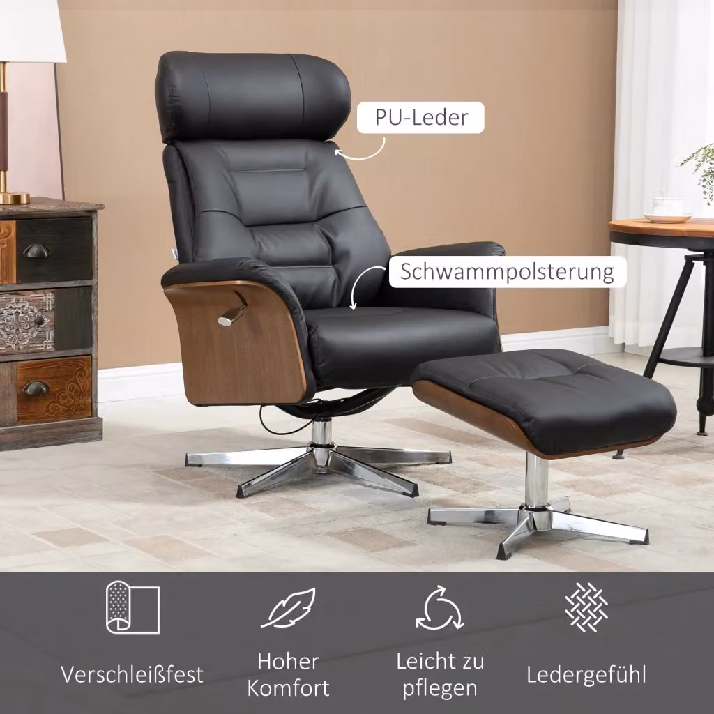 Poltrona Relax girevole con pouf REDOM in pelle sintetica nera – 2