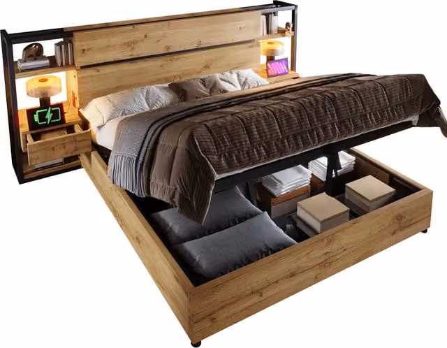 Letto matrimoniale contenitore in rovere e metallo con cassetti, ripiani e porte USB e Type-C, L/P: 160 x 200 cm