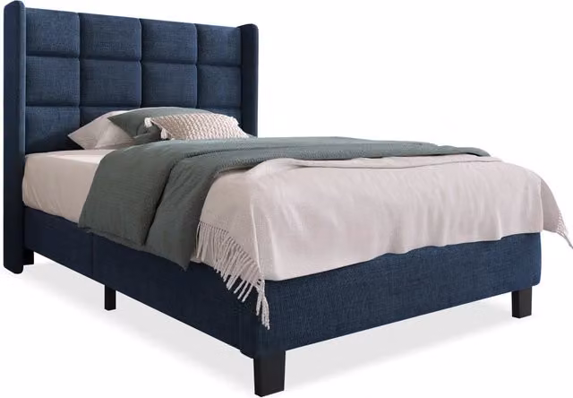 Letto Singolo 90x200 Imbottito in Lino Blu con Testiera e Rete a Doghe