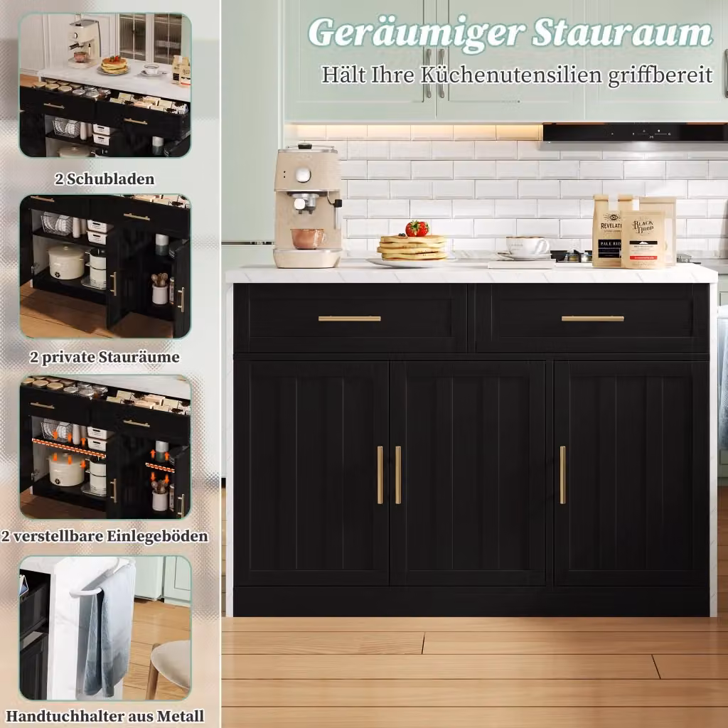 Isola da cucina REDOM in MDF nero opaco con barra, prese USB e portasciugamani, L/P/H: 120 x 60 x 91 cm – 2
