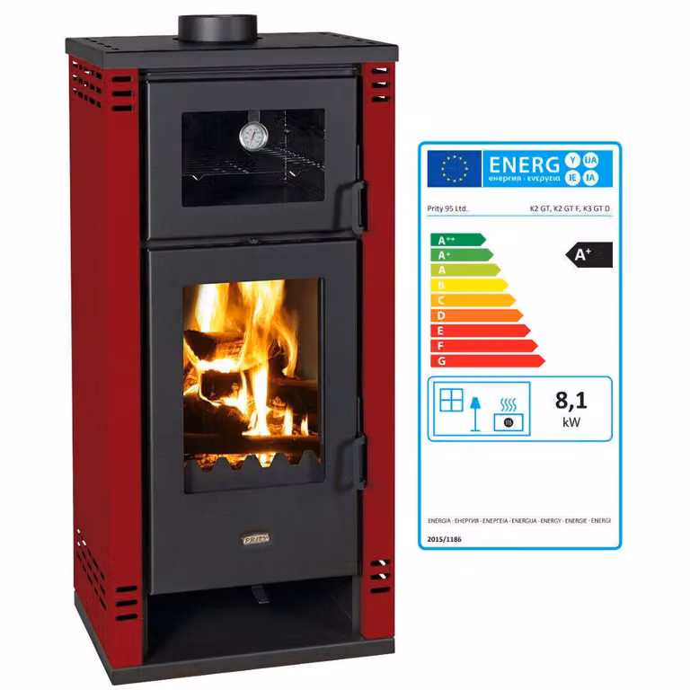 Stufa a legna Prity K2 GT F con vano cottura - 8,1 kW, design elegante, Bordeaux, classe energetica A+