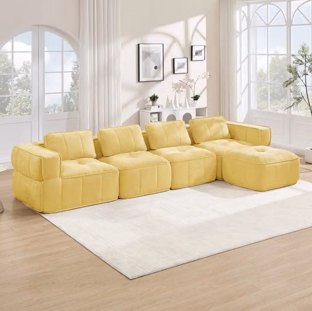 Divano modulare angolare 4 posti con pouf 344x162x67 cm in poliestere giallo