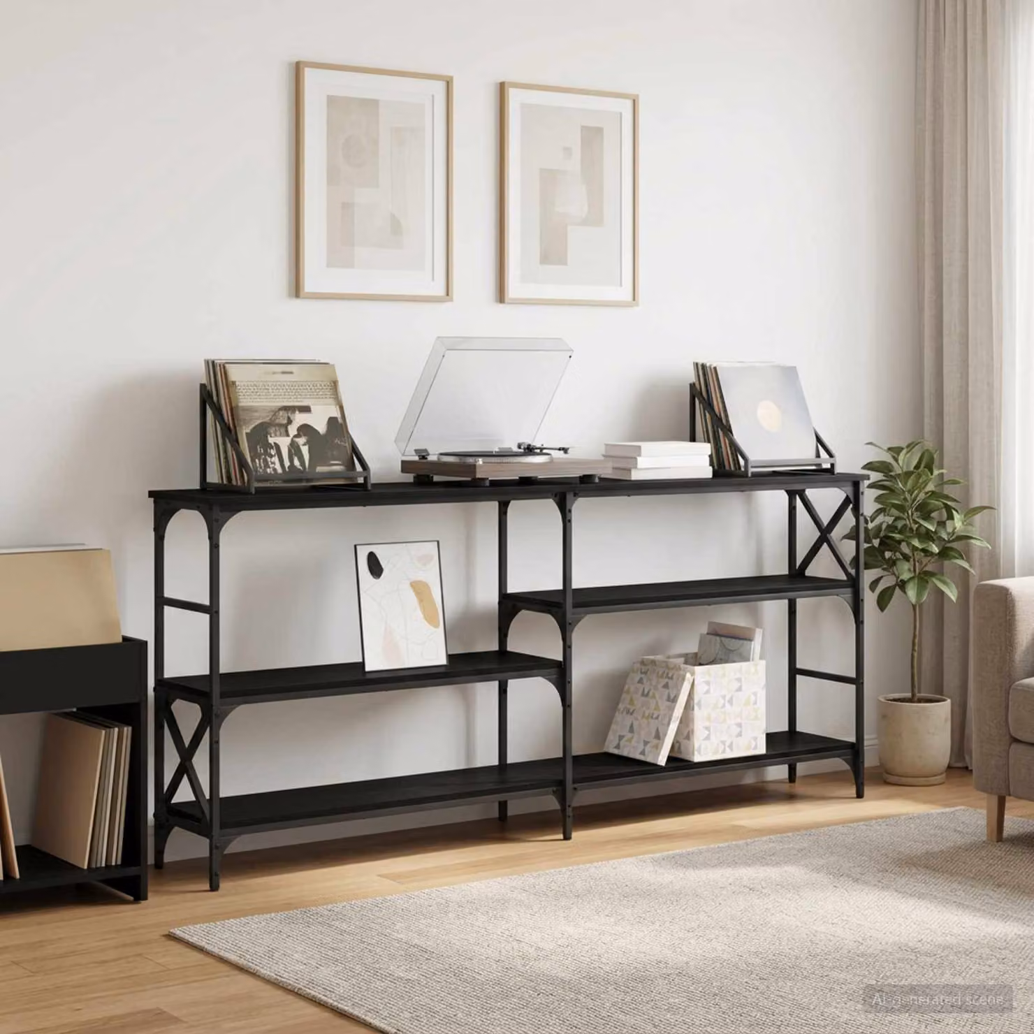 Tavolo consolle vidaXL in stile industriale con struttura in metallo e piano in MDF rovere e nero, L 180 x P 29 x H 76,5 cm