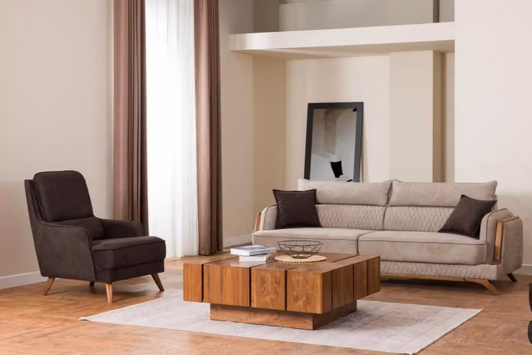 Wohnzimmer Sofa Sessel Set Modernes Design Beige Braun Holzfüße Polster 3+1