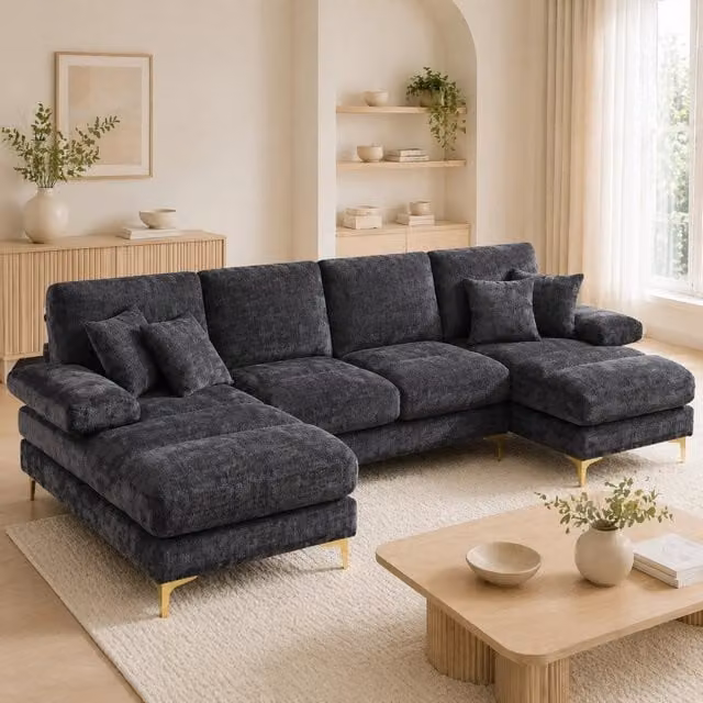 Divano sezionale a U moderno in tessuto grigio con cuscini inclusi L: 272 cm, P: 136 cm, H: 88 cm