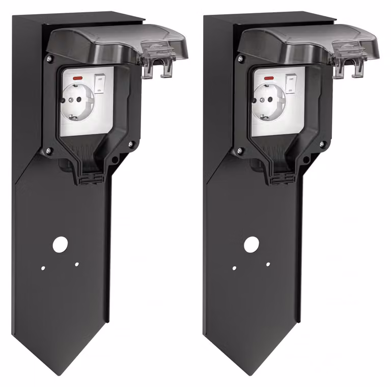 ledscom.de - 2 colonne di prese da esterno per giardino POXO, da fissare al terreno, grado di protezione IP65, con 1 presa - colore nero / 1 presa, confezione da 2 pezzi (venduta singolarmente)