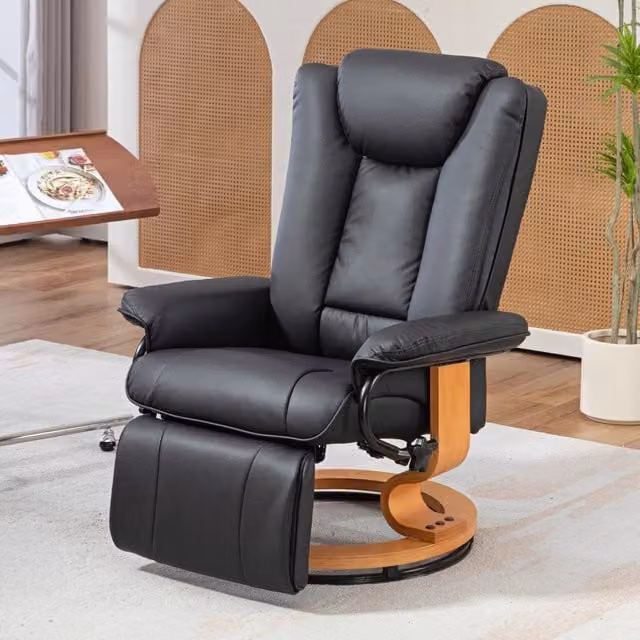 Poltrona relax 78x88x103 cm reclinabile e girevole in pelle rigenerata nera