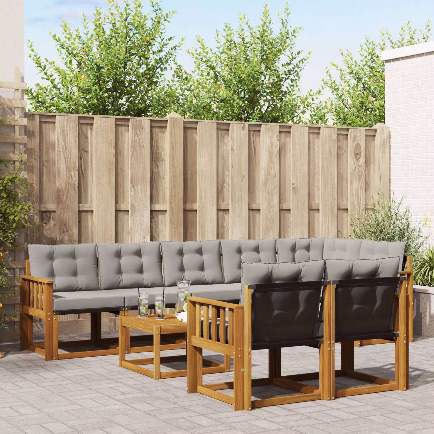 Set di divani da esterno vidaXL a forma di L in legno di acacia e textilene grigio con tavolo da caffè e cuscini inclusi