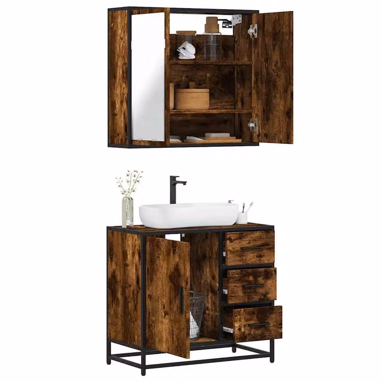 Set di mobili da bagno vidaXL in stile industrial composto da mobile lavabo e armadietto con specchio, colore marrone, in legno e metallo, L: 65 cm, P: 33 cm, H: 60 cm