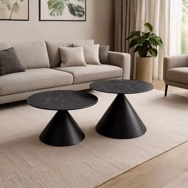 Set 2 tavolini da salotto basso Punto con piano effetto marmo nero e gambe in metallo nero