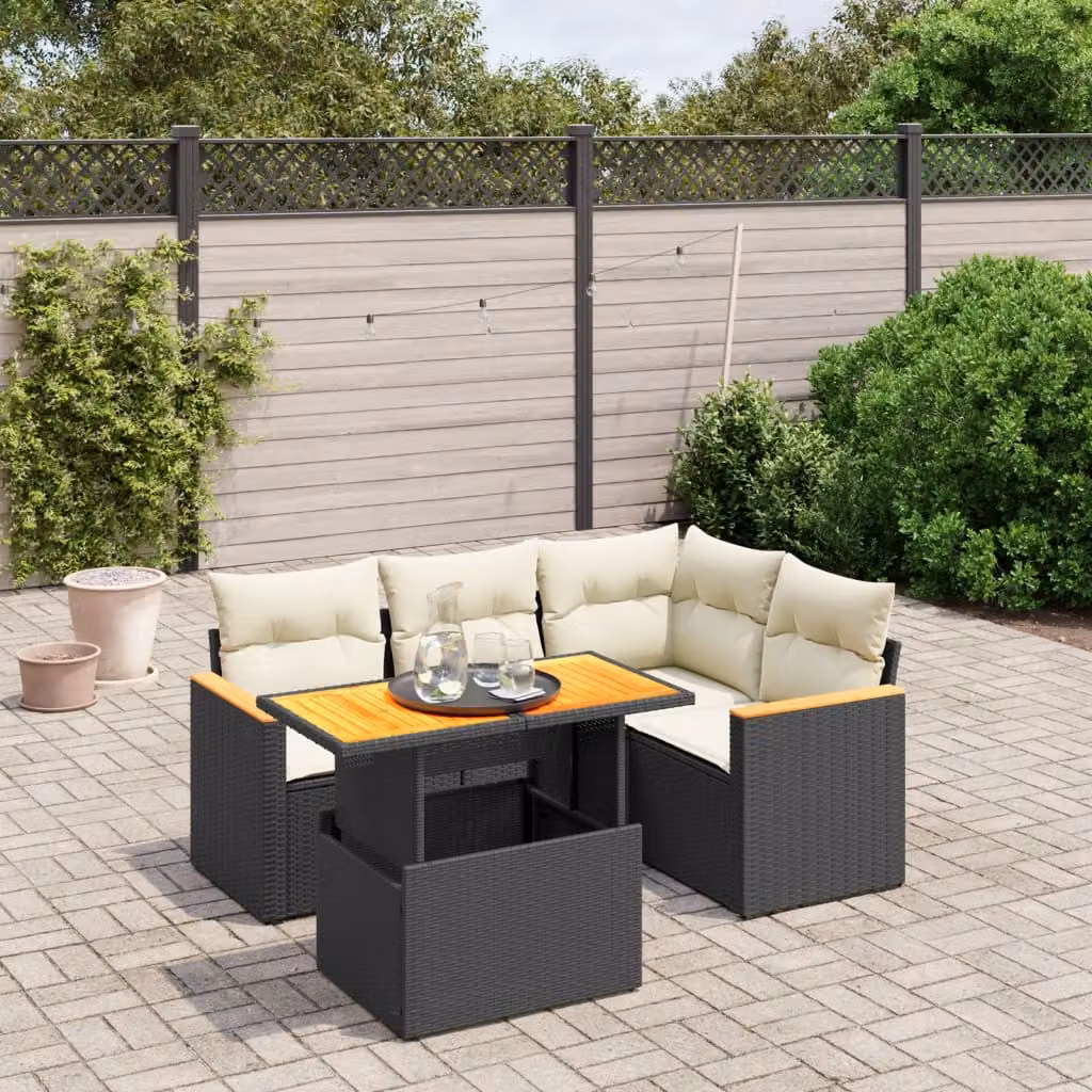 Set Divano da Giardino a L vidaXL con Cuscini e Tavolino, Struttura in Metallo e Legno di Acacia, Colore Nero e Bianco – 1