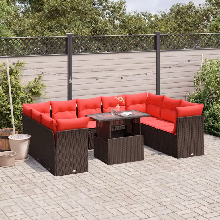 Set di divani da giardino vidaXL 10 pezzi con cuscini e tavolino da esterno marrone e rosso in rattan e metallo con struttura a forma di U