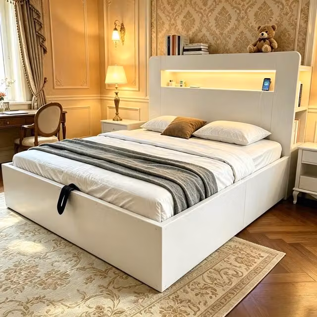 Letto 140x200 cm con contenitore idraulico; LED e prese in legno bianco