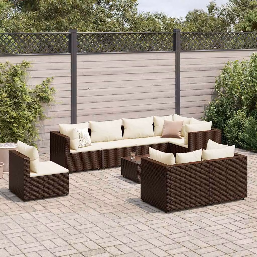 vidaXL Set Divani da Giardino 9 pz con Cuscini in Polyrattan Marrone e Bianco con Tavolino e Struttura in Acciaio – 1
