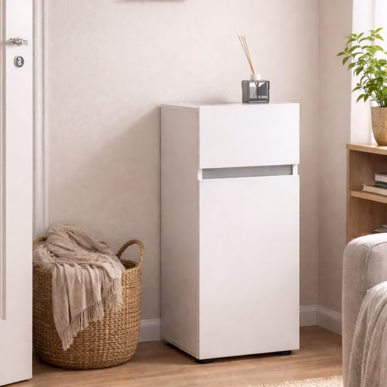 Dmora Armadio Multiuso 1 Anta Sylvain 34x81h cm Bianco Bianco Lucido, Un'anta un Cassetto  Italy