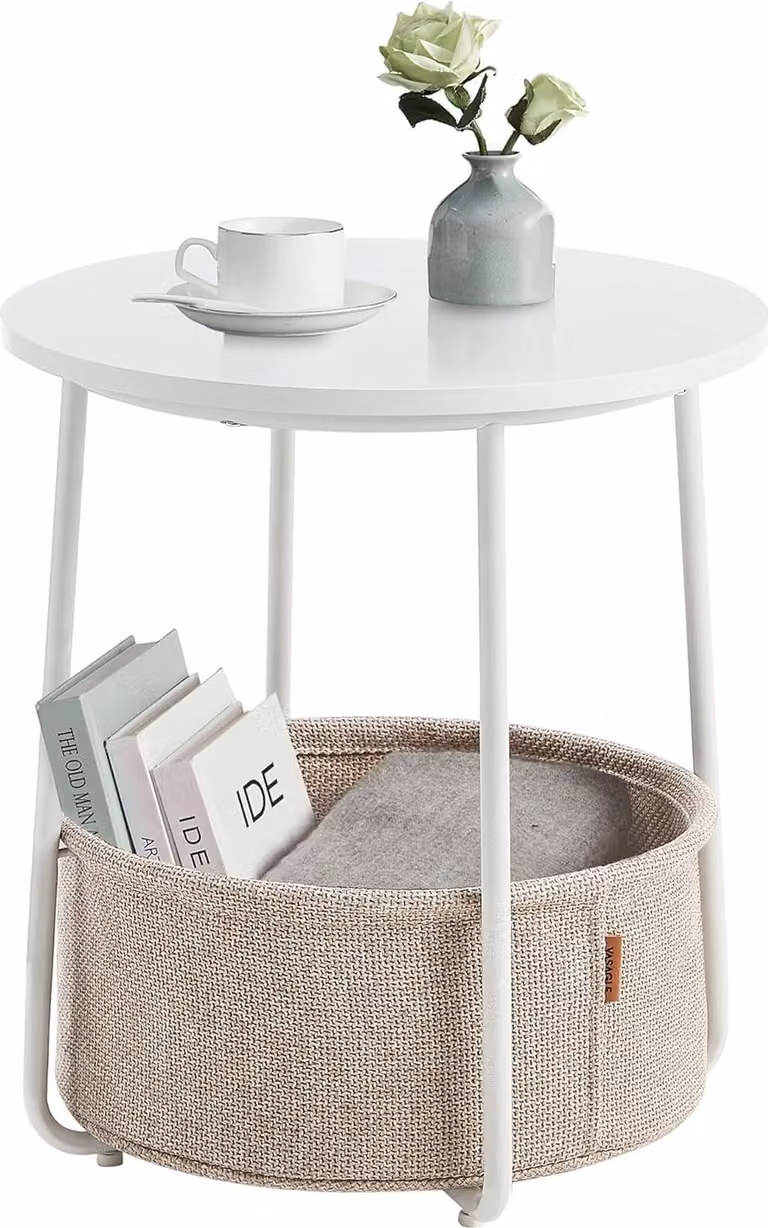 Tavolino rotondo compatto con cesto integrato – Tavolino ausiliario con spazio contenitivo – Acciaio – Diametro 45 cm – Bianco e marrone