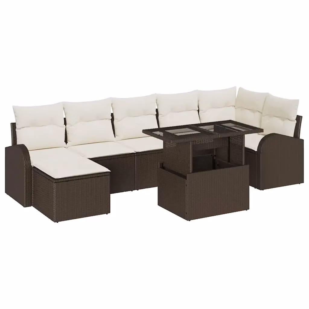 Set Divano da Giardino vidaXL 8 Pezzi Marrone e Beige con Cuscini e Tavolino in Polyrattan e Acciaio – 2