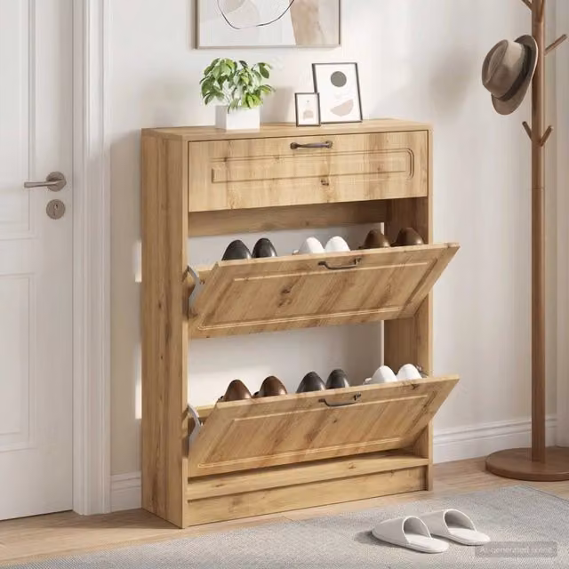 Mobile per scarpe moderno vidaXL in legno e metallo, marrone e nero, L: 78 cm, P: 24 cm, H: 100 cm – 1