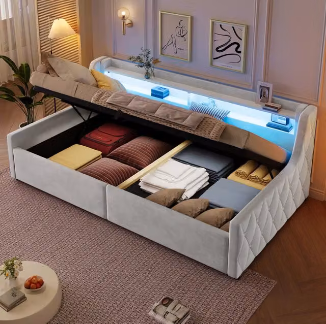Letto singolo imbottito 90x200 con LED e vano contenitore