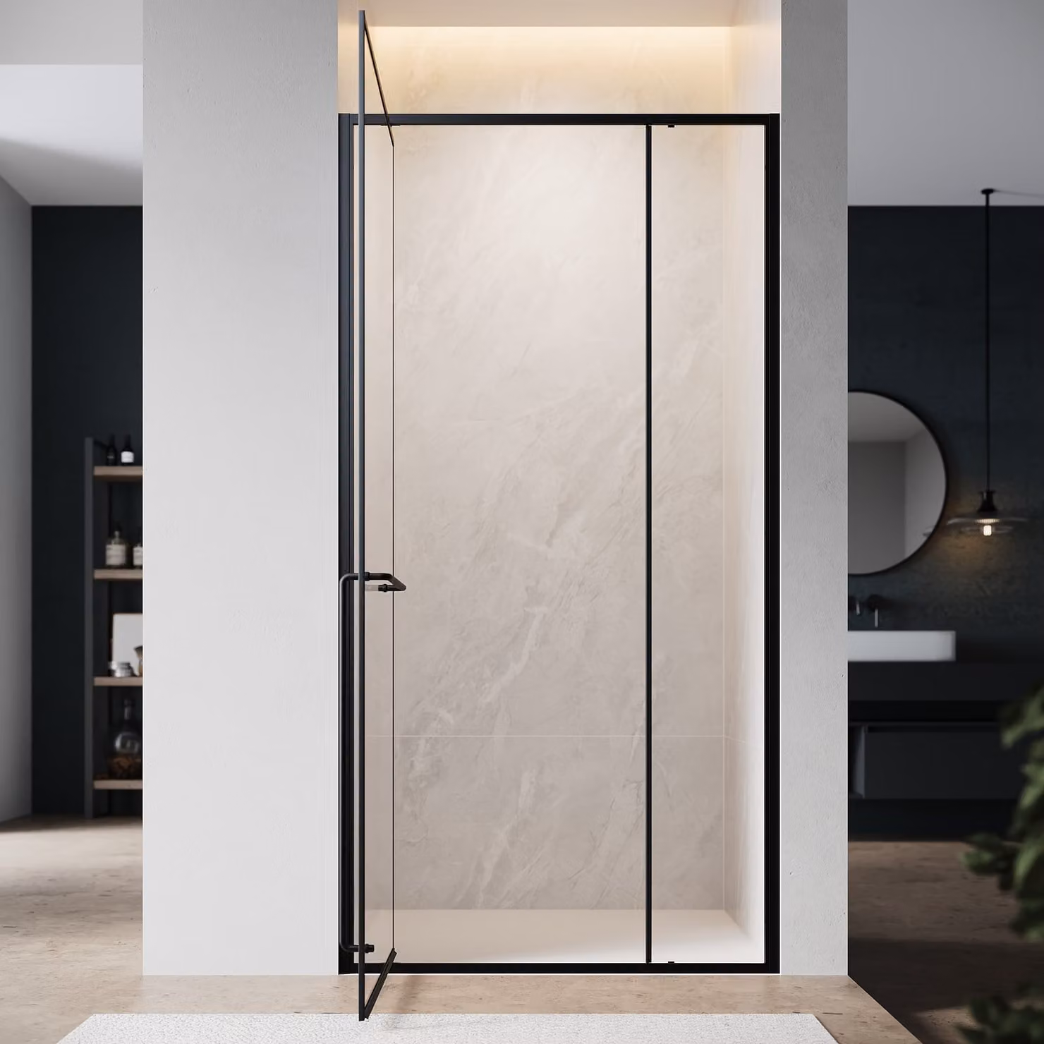 SONNI Porta doccia a battente invisibile, 100x195 cm, vetro di sicurezza 6 mm, nero opaco, porta doccia con una sola parola
