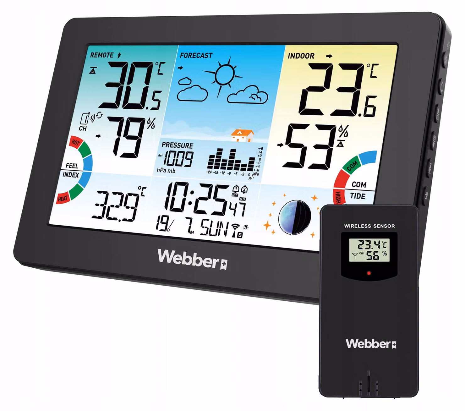 WEBBER WS303 – Stazione meteorologica: visualizzazione delle condizioni meteorologiche, sensore, barometro, ricezione del segnale DCF, indicazione delle fasi lunari