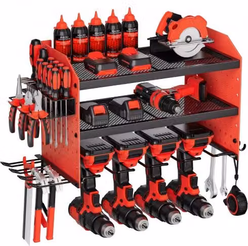 Scaffale per utensili elettrici da parete VEVOR rosso con 3 livelli, 4 supporti per trapano e pannelli forati laterali per garage e officina