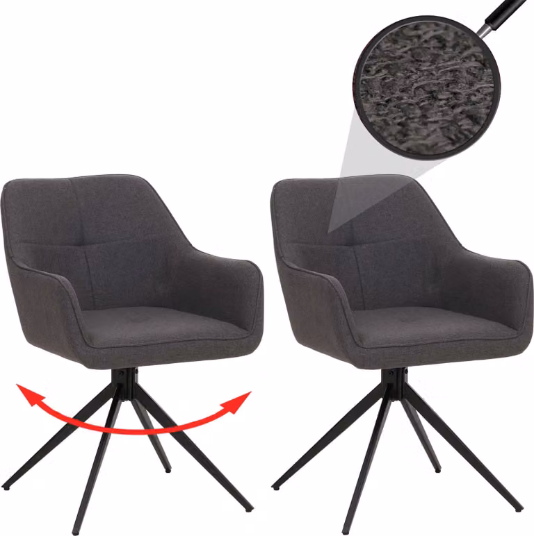 set di 2 sedie per sala da pranzo HWC-O47, bracciolo per sedia da cucina, girevole a ritorno automatico, tessuto/tessuto (270g/m²) ~ grigio