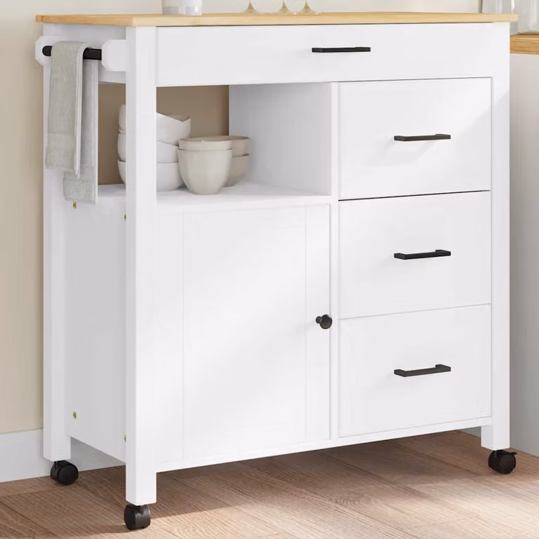vidaXL Carrello da Cucina MONZA in Legno Massello di Pino Bianco, L/P/H: 84 x 40 x 88,5 cm