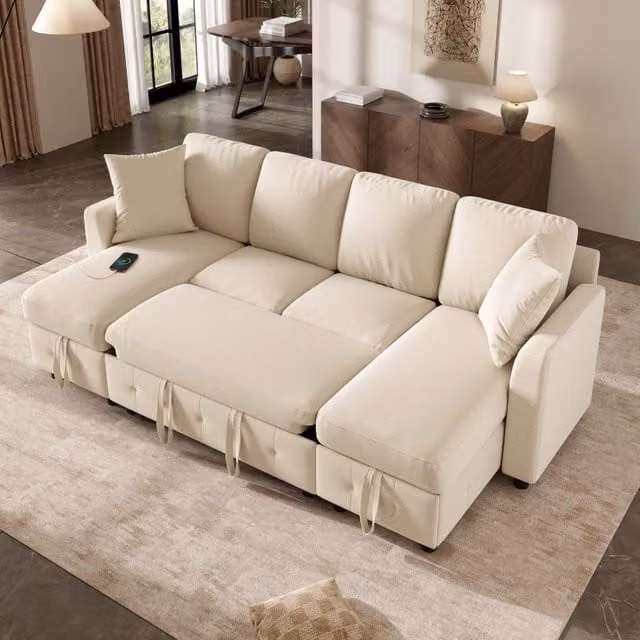 Divano letto a U WISHDOR in chenille beige con funzione estraibile, 2 chaise longue contenitore e porte USB e Type-C, L: 260 cm, P: 128 cm, H: 82 cm
