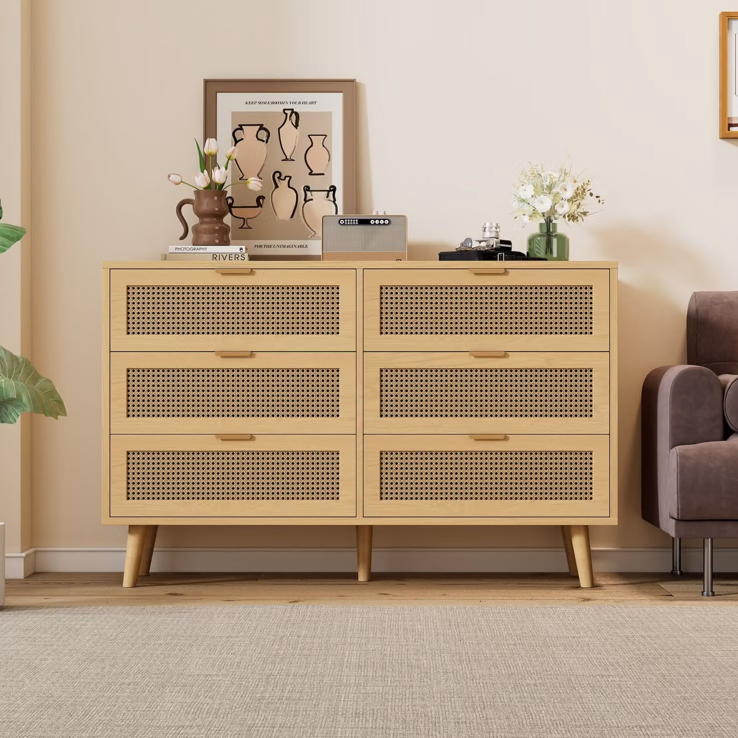 Cassettiera Flieks con 6 cassetti, mobili da soggiorno in rattan, legno massiccio, 120x40x76,5 cm, finitura naturale