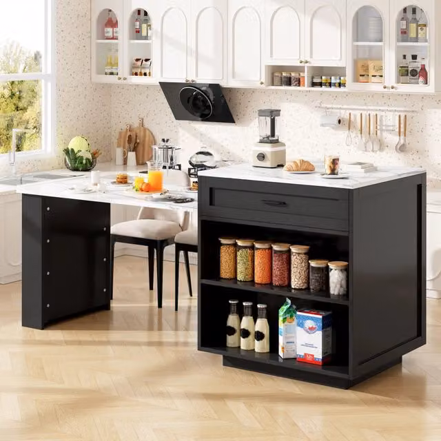 Tavolo da bar allungabile con cassetto e vani portaoggetti in MDF nero