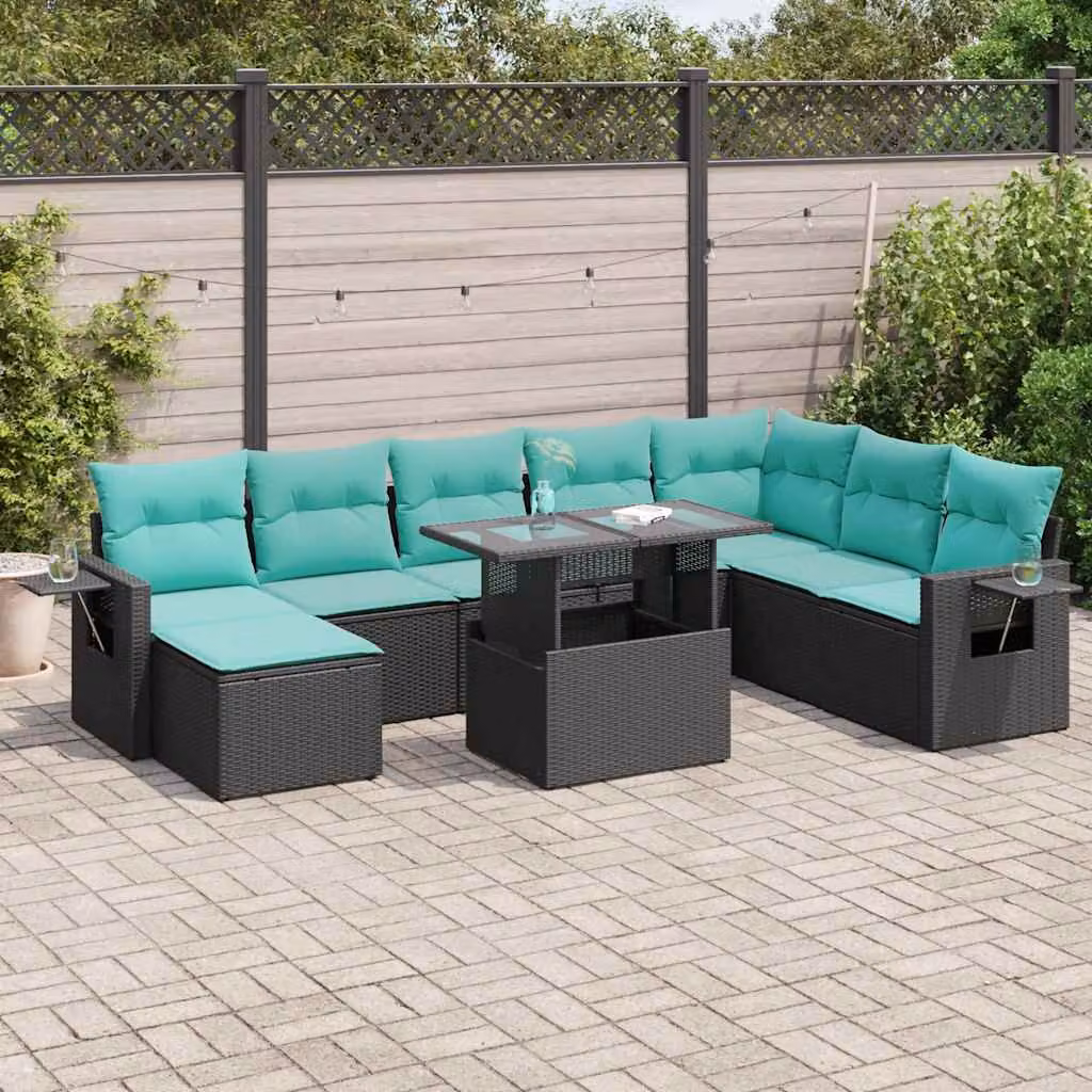 Set di divani da giardino vidaXL 9 pezzi in polyrattan nero con cuscini e tavolino da esterno a forma di L