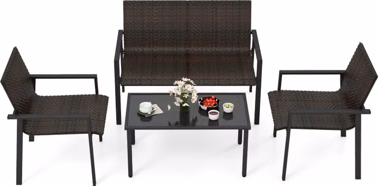 COSTWAY Set di mobili da giardino in polyrattan 4 pezzi, set di sedute per 4 persone, set di sedute incl. 2 sedie, panca e tavolo, set da giardino marrone