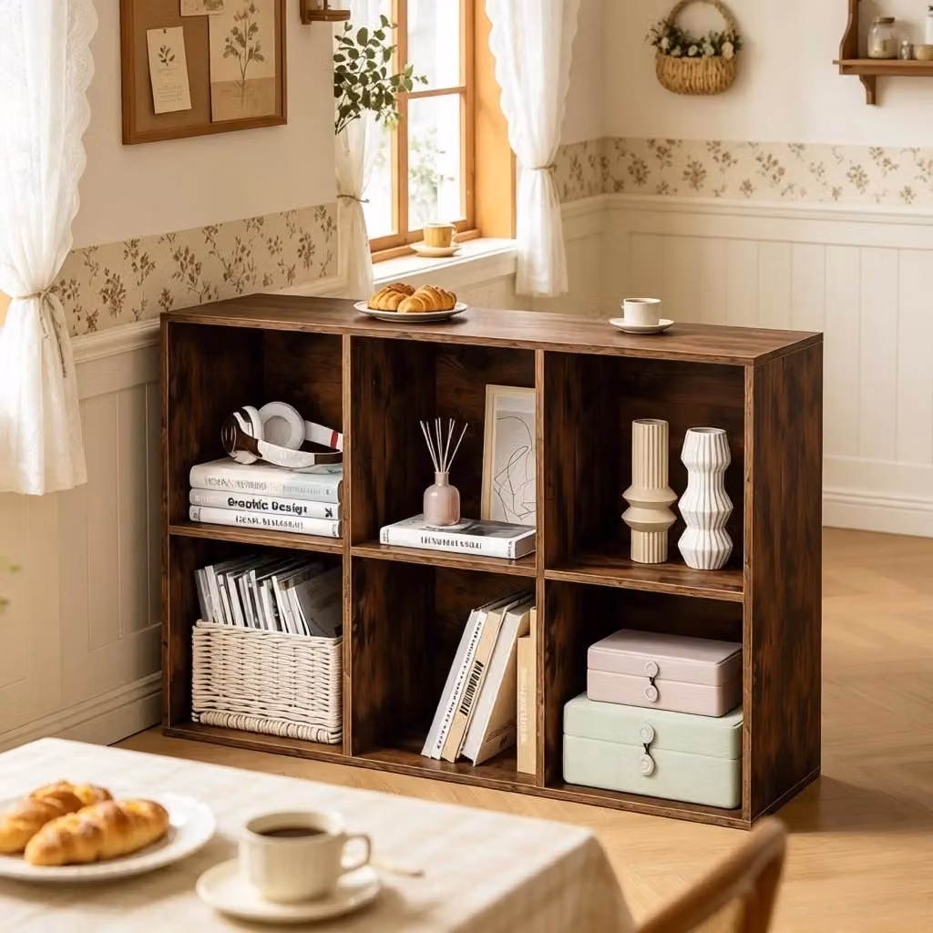 Libreria a cubi OKWISH con 6 vani in legno marrone opaco, design moderno a parete per soggiorno, L: 59,6 cm, H: 89 cm, P: 29 cm – 2