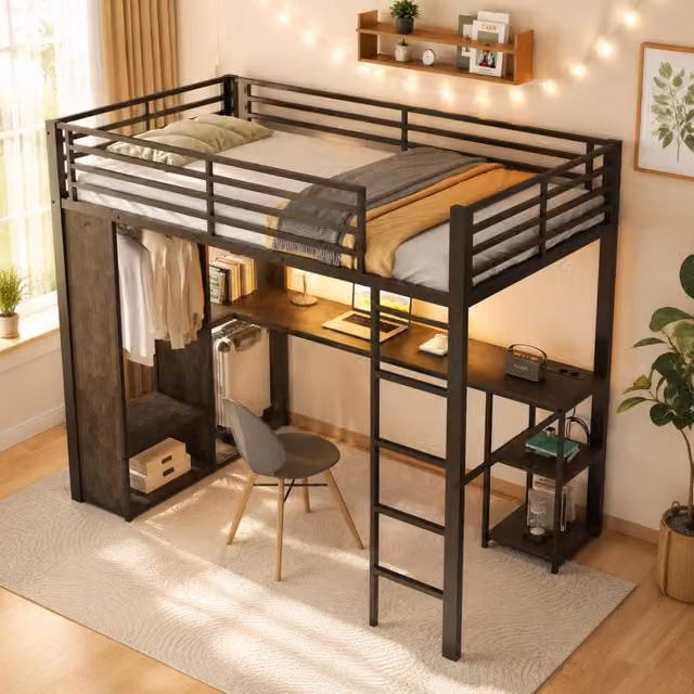 Letto a castello 90x200 cm con struttura in acciaio, scrivania integrata, LED dimmerabile, doppia presa USB e Type-C, ripiani multipli, armadio aperto, colore nero