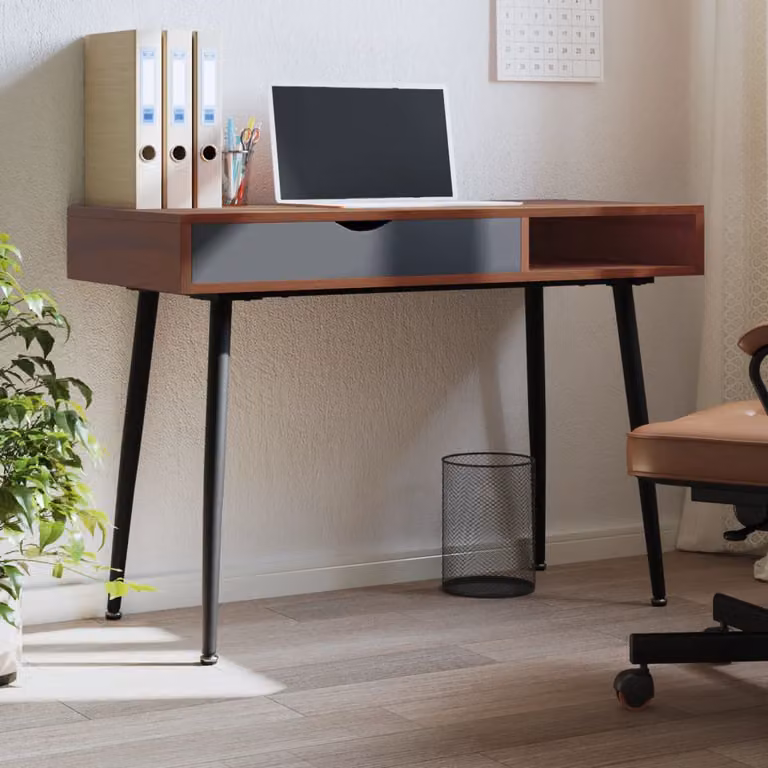 Scrivania moderna vidaXL in legno e metallo marrone L: 110 cm, P: 50 cm, H: 75 cm