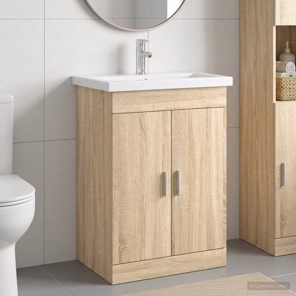 Set di mobili per il bagno moderno vidaXL in legno e MDF, colore Rovere Sonoma e dettagli argento, L: 61 cm, P: 40 cm, H: 84,5 cm