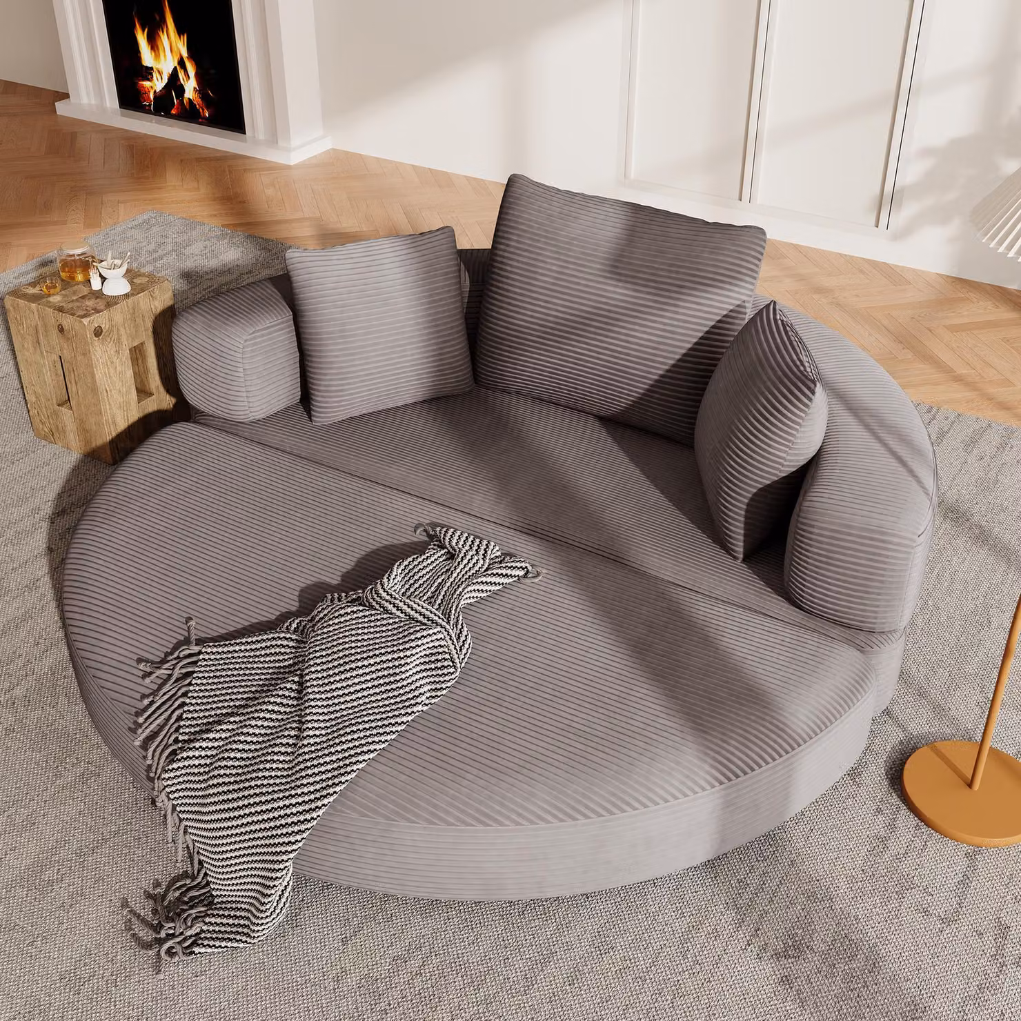 Divano modulare okwish con cuscini e braccioli, trasformabile in letto, design ovale, rivestito in tessuto corduroy, ideale per il soggiorno, disponibile in color marrone e grigio