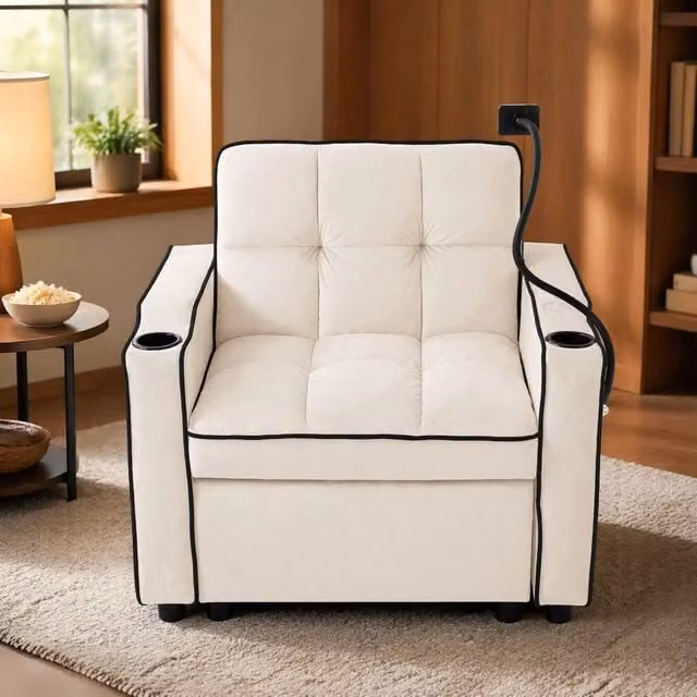 Divano letto singolo 3 in 1 estraibile con portabicchieri e porta telefono; beige 83x167x76 cm