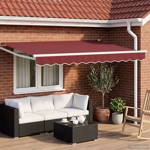 Tenda retrattile vidaXL con bracci pieghevoli in poliestere e alluminio, rosso e bianco, L: 350 cm, P: 195 cm