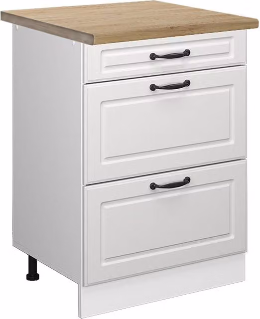 Mobiletto base per cucina R-Line Bianco rustico/Bianco 60 cm con cassetti, PL Rovere Vicco