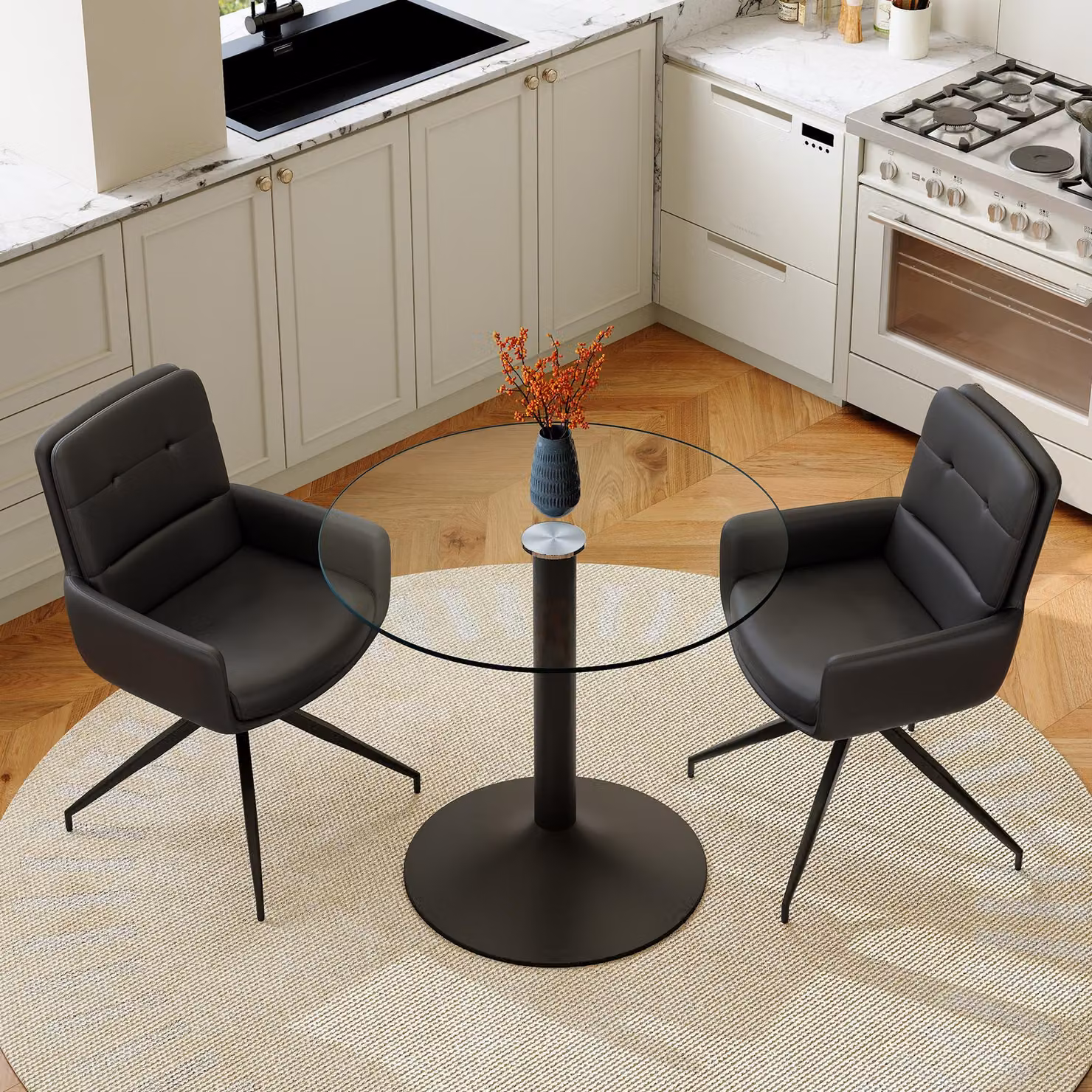 Set di tavolino da soggiorno, piano in vetro temperato, design leggero e lussuoso, struttura in metallo, 2 poltrone girevoli in ecopelle (nera, trasparente)